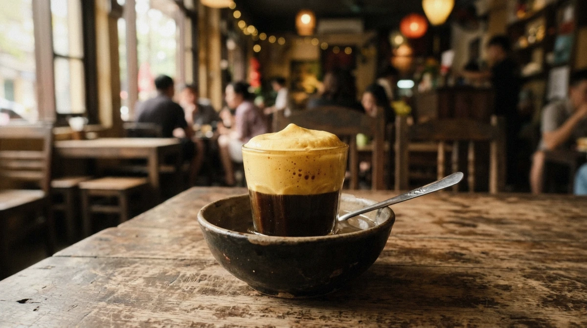 A glass of Hanoi egg coffee topped with whipped egg yolk at a Train Street café, a must-try on a Hanoi street food tour in Vietnam