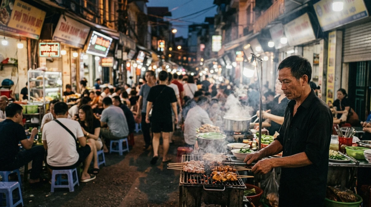 Crowds and lit food stalls at a night market on an evening hanoi street food tour in the Old Quarter, Vietnam