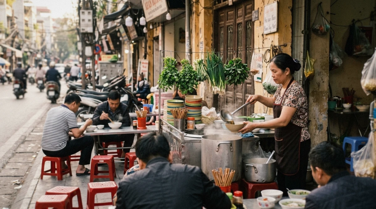 Low plastic stools and steaming pots at a busy stall in the Old Quarter on a hanoi street food tour in Vietnam