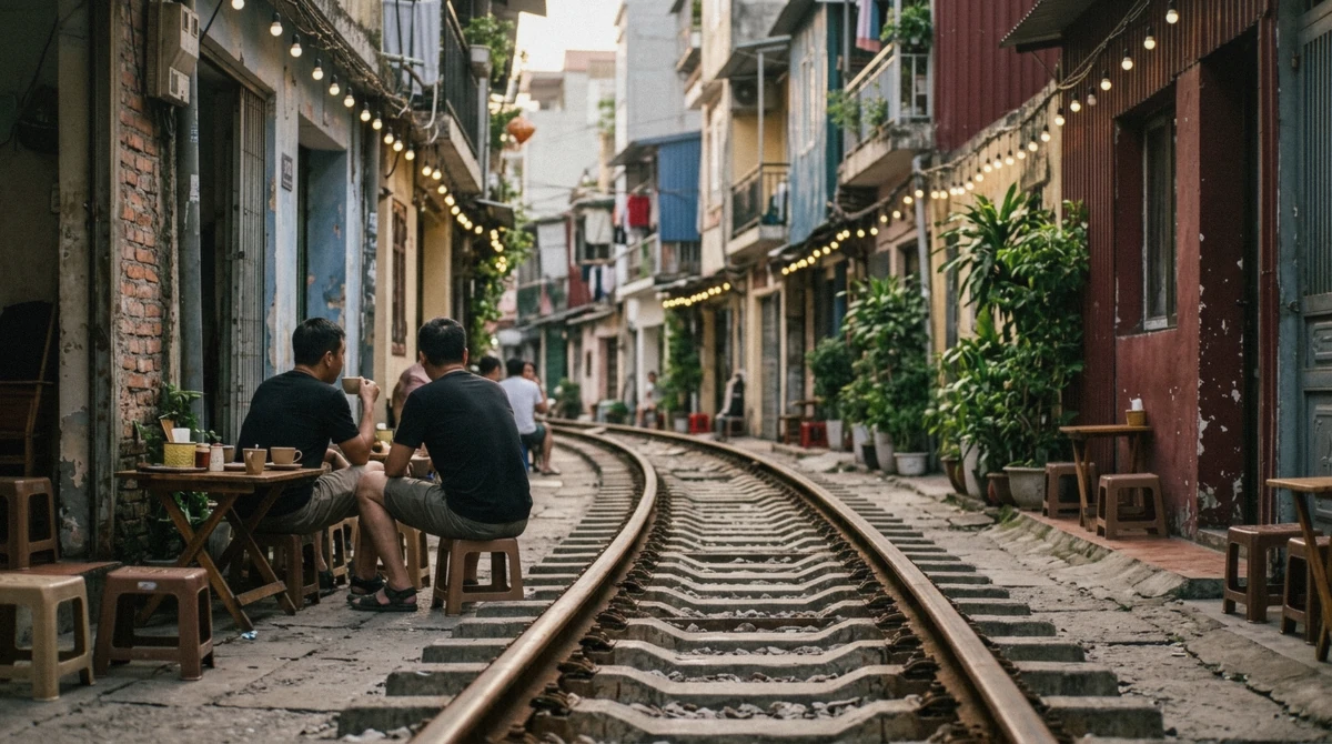 Cafe tables lining the railway tracks on Train Street, a highlight of many hanoi street food tours in the Old Quarter, Vietnam